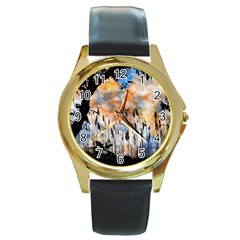 Landscape Sunset Sky Summer Round Gold Metal Watch by Nexatart