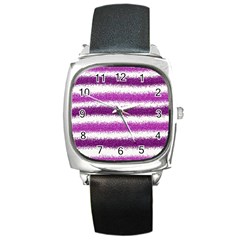 Metallic Pink Glitter Stripes Square Metal Watch by Nexatart