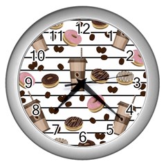 Donuts And Coffee Pattern Wall Clocks (silver)  by Valentinaart