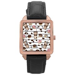 Donuts And Coffee Pattern Rose Gold Leather Watch  by Valentinaart