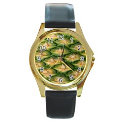 Pineapple Pattern Round Gold Metal Watch