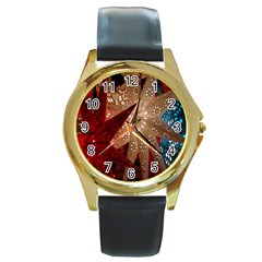 Poinsettia Red Blue White Round Gold Metal Watch