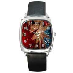 Poinsettia Red Blue White Square Metal Watch by Nexatart