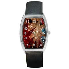 Poinsettia Red Blue White Barrel Style Metal Watch