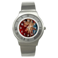 Poinsettia Red Blue White Stainless Steel Watch