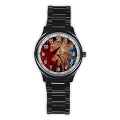 Poinsettia Red Blue White Stainless Steel Round Watch