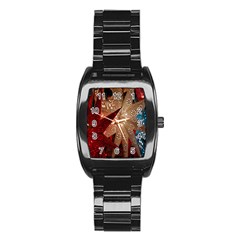 Poinsettia Red Blue White Stainless Steel Barrel Watch