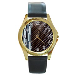 Red And Black High Rise Building Round Gold Metal Watch by Nexatart