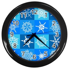 Seamless Blue Snowflake Pattern Wall Clocks (black) by Nexatart