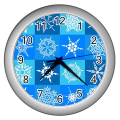 Seamless Blue Snowflake Pattern Wall Clocks (silver)  by Nexatart
