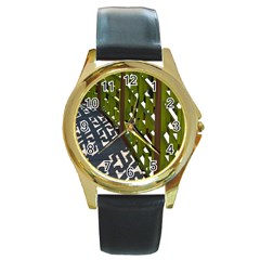 Shadow Reflections Casting From Japanese Garden Fence Round Gold Metal Watch by Nexatart