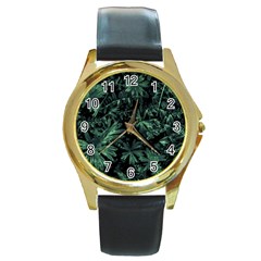 Dark Flora Photo Round Gold Metal Watch