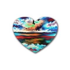 Ocean Waves Birds Colorful Sea Rubber Coaster (heart)  by Amaryn4rt