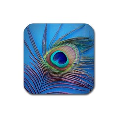 Peacock Feather Blue Green Bright Rubber Coaster (Square) 