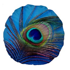 Peacock Feather Blue Green Bright Large 18  Premium Round Cushions