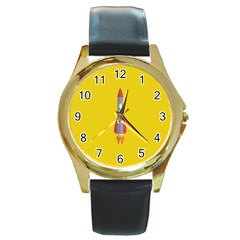 Plane Rocket Space Yellow Round Gold Metal Watch by Alisyart