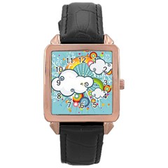 Rainbow Clouds Tree Circle Orange Rose Gold Leather Watch 