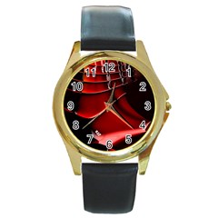 Red Black Fractal Mathematics Abstract Round Gold Metal Watch