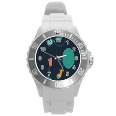 Space Illustration Irrational Race Galaxy Planet Blue Sky Star Ufo Round Plastic Sport Watch (l)