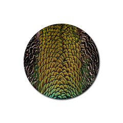 Peacock Bird Feather Gold Blue Brown Rubber Round Coaster (4 Pack)  by Alisyart
