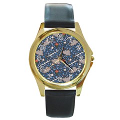 Spring Flower Floral Rose Rain Blue Grey Cloud Water Round Gold Metal Watch by Alisyart