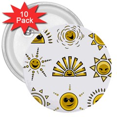 Sun Expression Smile Face Yellow 3  Buttons (10 Pack) 