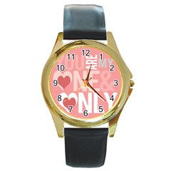 Valentines Day One Only Pink Heart Round Gold Metal Watch