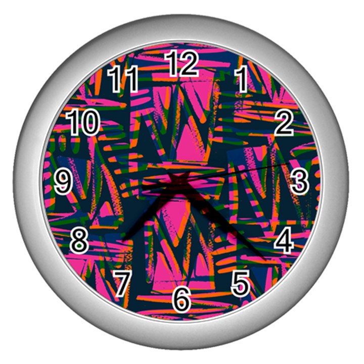 Bright Zig Zag Scribble Pink Green Wall Clocks (Silver) 