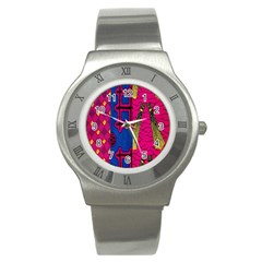 Broom Stick Gold Yellow Pink Blue Plaid Stainless Steel Watch by Alisyart