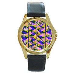 Crazy Zig Zags Blue Yellow Round Gold Metal Watch by Alisyart