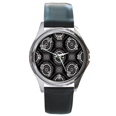 Circle Plaid Black Floral Round Metal Watch by Alisyart