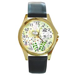 Flower Flowar Sunflower Rose Leaf Green Yellow Picture Round Gold Metal Watch