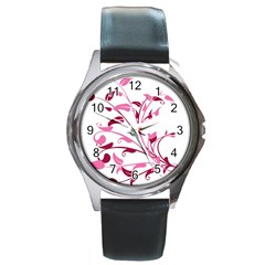 Leaf Pink Floral Round Metal Watch by Alisyart