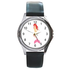 Mermaid Illustrator Beach Fish Sea Pink Red Round Metal Watch