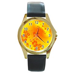 Flowers Floral Design Flora Yellow Round Gold Metal Watch