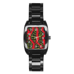 African Fabric Red Green Stainless Steel Barrel Watch by Alisyart