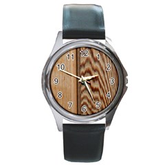 Wood Grain Texture Brown Round Metal Watch