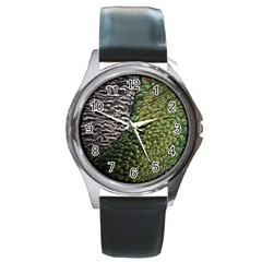 Bird Feathers Green Brown Round Metal Watch by Alisyart