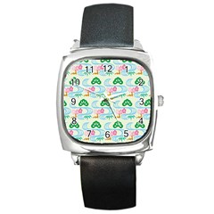 Flower Arrangements Season Sunflower Green Blue Pink Red Waves Square Metal Watch by Alisyart