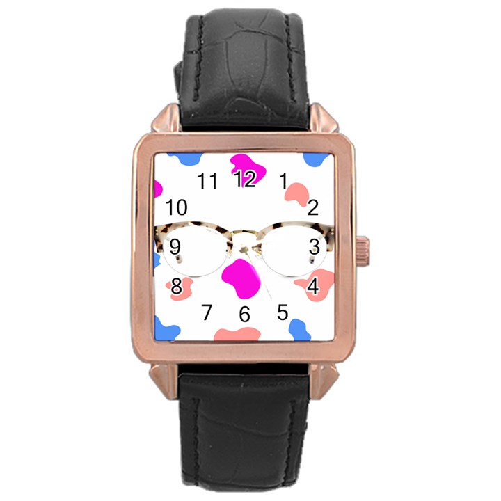Glasses Blue Pink Brown Rose Gold Leather Watch 