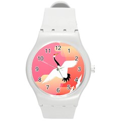 Goose Swan Pink Orange White Animals Fly Round Plastic Sport Watch (m)