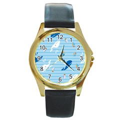 Whaling Ship Blue Sea Beach Animals Round Gold Metal Watch by Alisyart