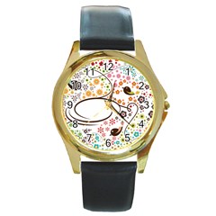 Flower Floral Rose Sunflower Bird Back Color Orange Purple Yellow Red Round Gold Metal Watch by Alisyart