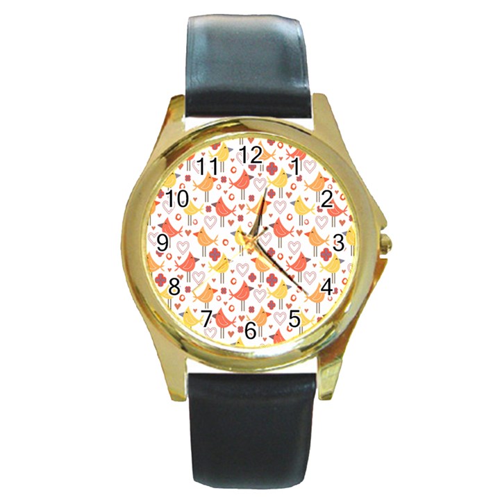 Animal Pattern Happy Birds Seamless Pattern Round Gold Metal Watch