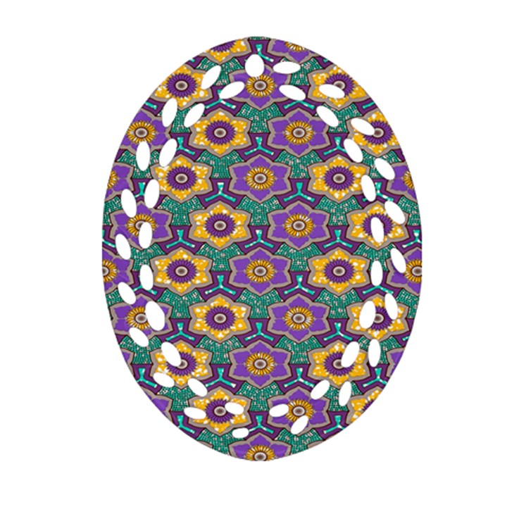 African Fabric Flower Green Purple Oval Filigree Ornament (Two Sides)