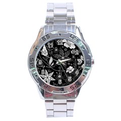 Floral Flower Rose Black Leafe Stainless Steel Analogue Watch