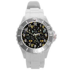 Floral And Butterfly Black Spring Round Plastic Sport Watch (l)