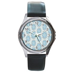 Flower Floral Rose Bird Animals Blue Grey Study Round Metal Watch