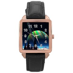 Planets In Space Stars Rose Gold Leather Watch 