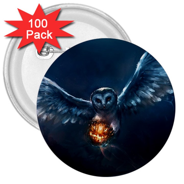 Owl And Fire Ball 3  Buttons (100 pack) 